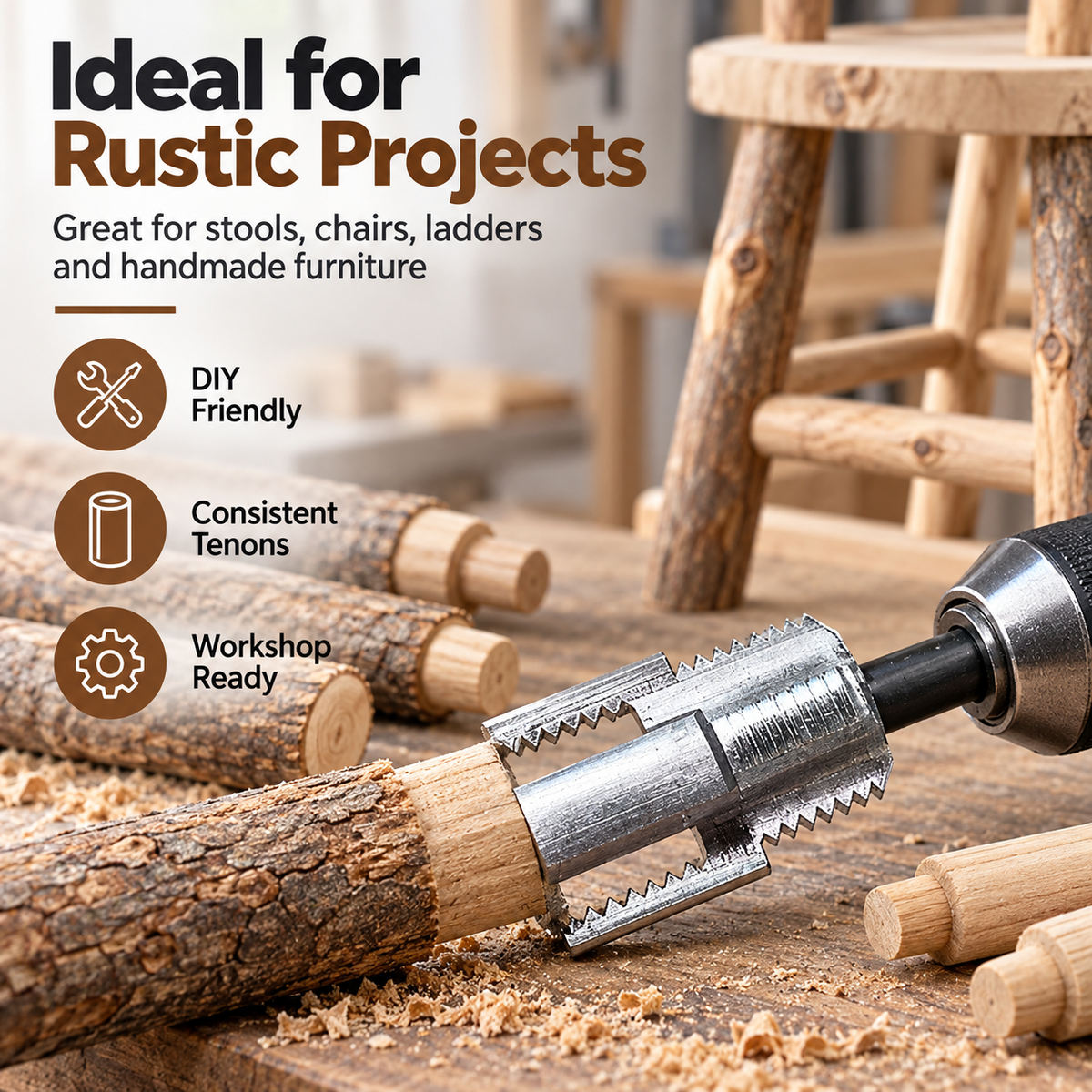 Round tenon cutter used with natural branches for rustic chair stool ladder and furniture projects