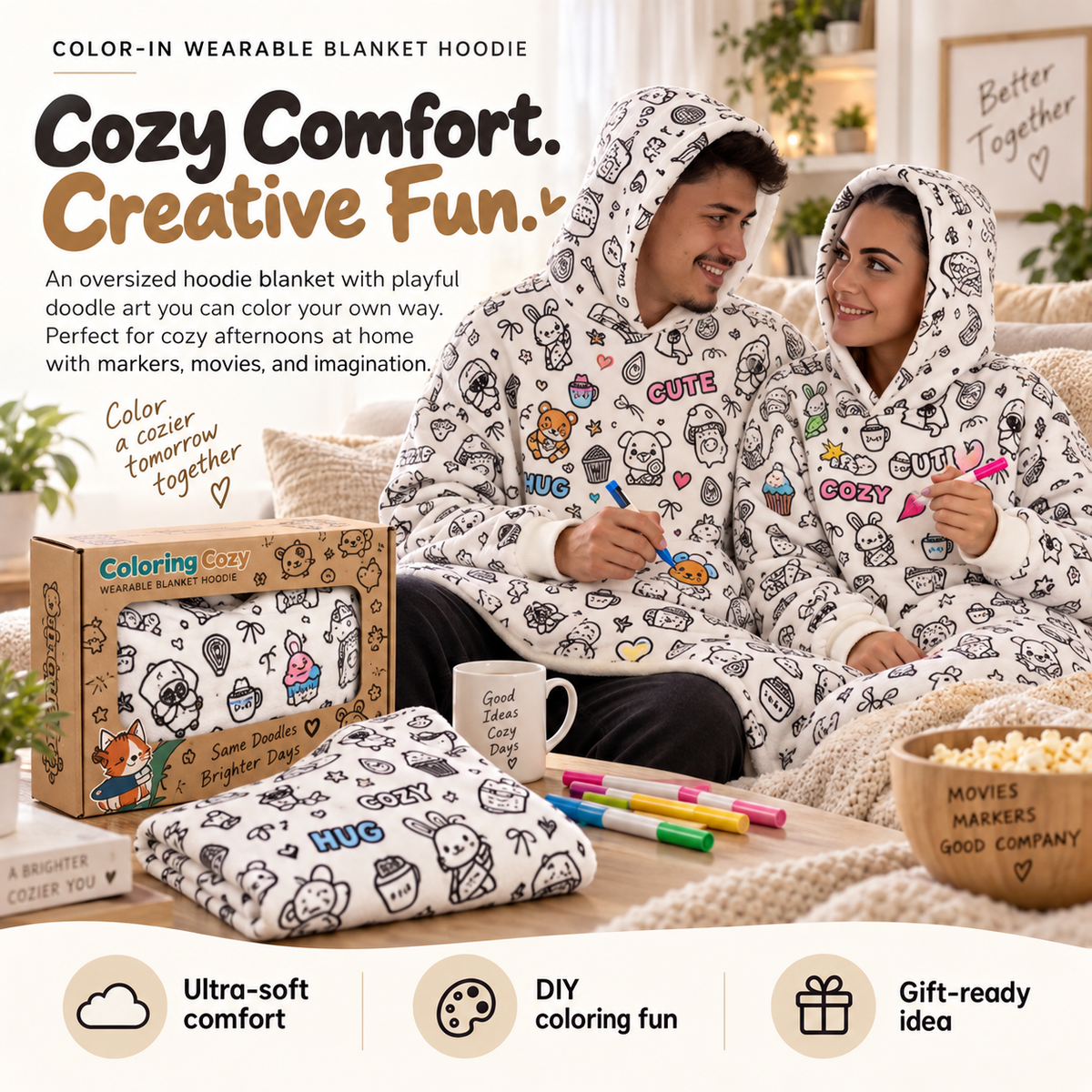 🎨 CozyCanvas™ Color-In Wearable Blanket Hoodie – DIY Coloring Comfort Blanket for Creative Cozy Moments