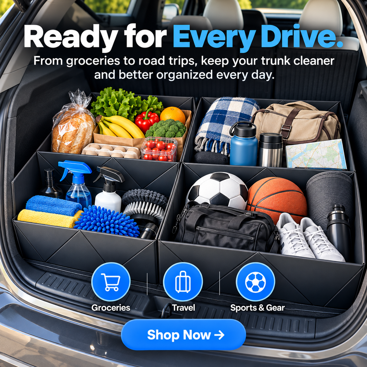 🚗 TrunkMaster™ 2-in-1 Foldable Trunk Organizer & Cargo Mat