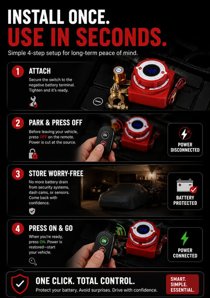 🔋 Smart Remote Battery Disconnect Switch – Voltage Display & Dual Key Fobs