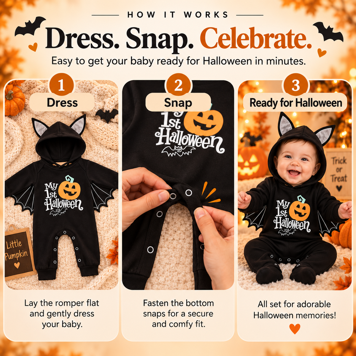 🦇 Little Boo™ My First Halloween Bat Romper – Adorable Hooded Baby Costume with Wings