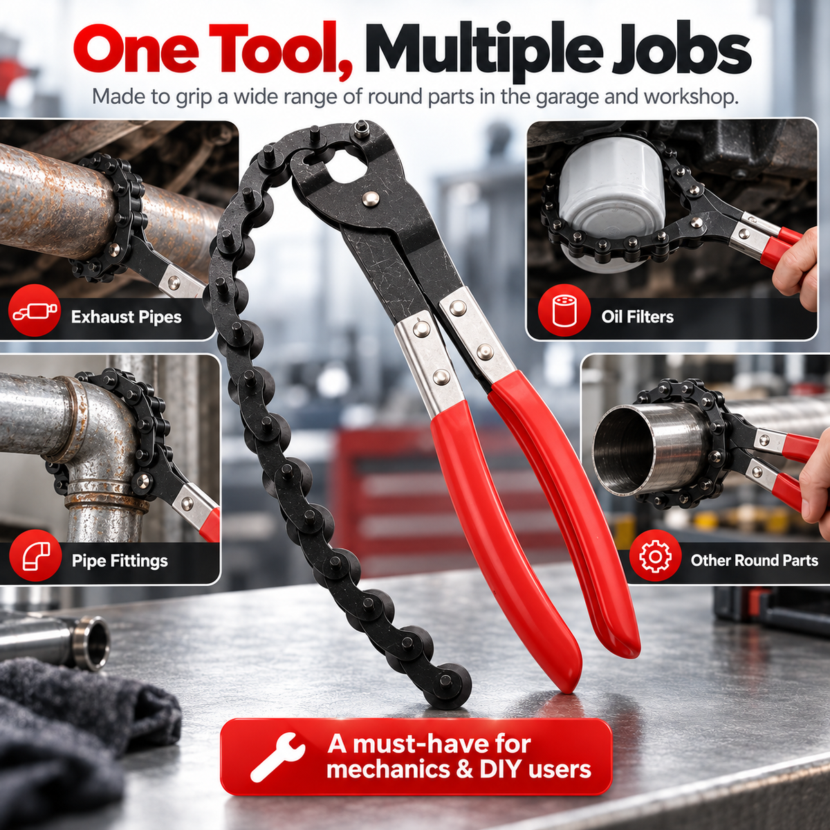 Heavy-Duty Adjustable Chain Pliers – Pipe, Oil Filter & Exhaust Grip Tool