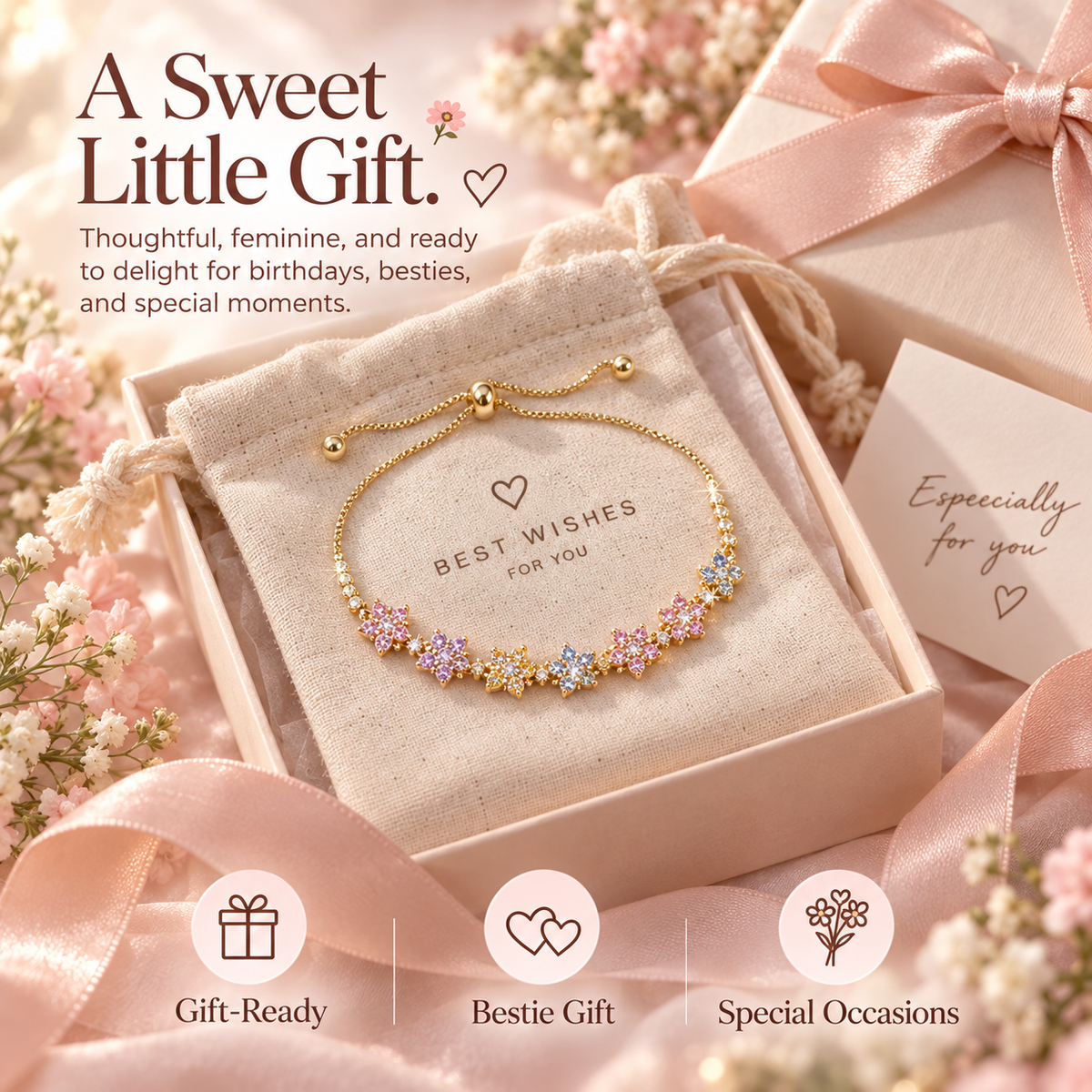 Pastel Bloom Adjustable Flower Bracelet – Delicate Crystal Gift Bracelet