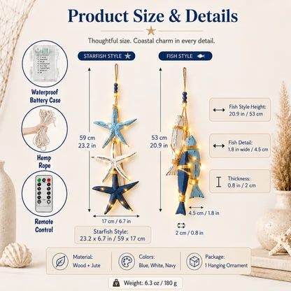 🐟🌊Lighted Coastal Wooden Starfish & Fish Hanging Decor