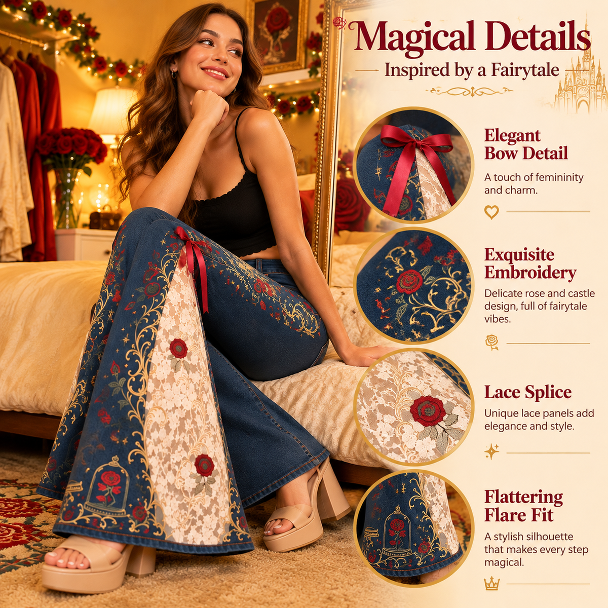Enchanted Rose™ Embroidered Lace Flare Jeans