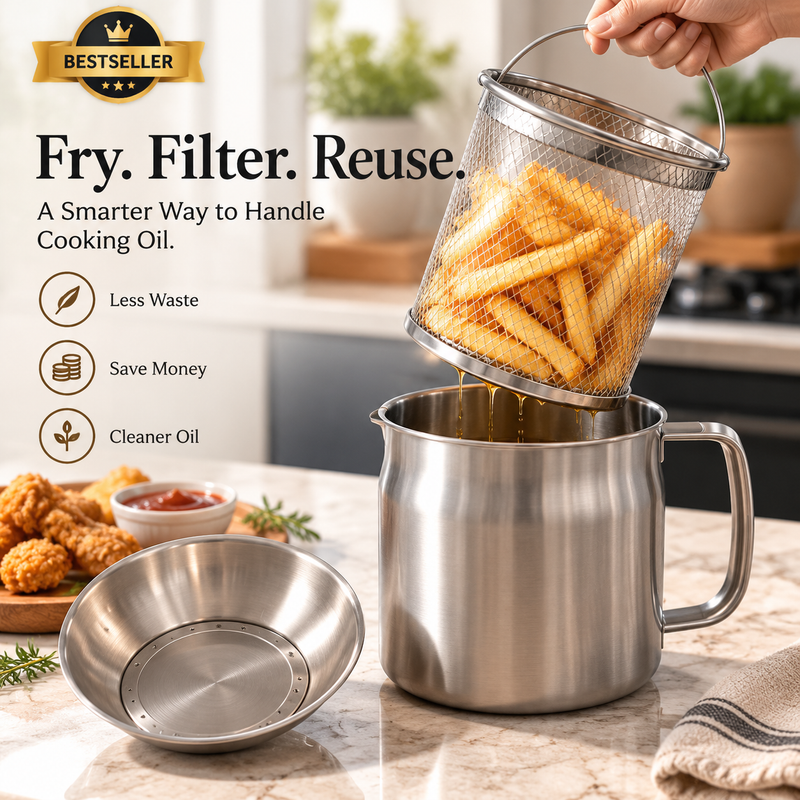 Removable mesh basket positioned above a stainless steel oil filter pot