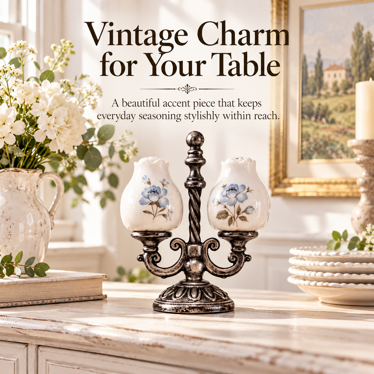 FloraVintage™ – Elegant Ceramic Salt & Pepper Shaker Set with Ornate Stand