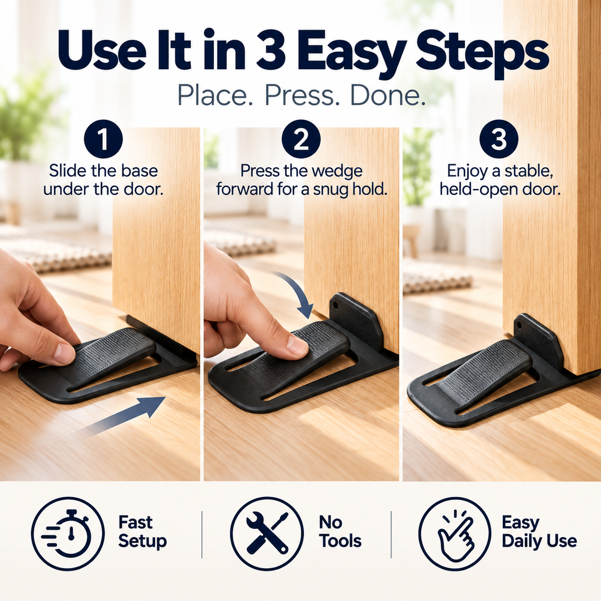 GripLock™ No-Drill Door Stopper — Low-Profile Repositionable Interior Door Holder