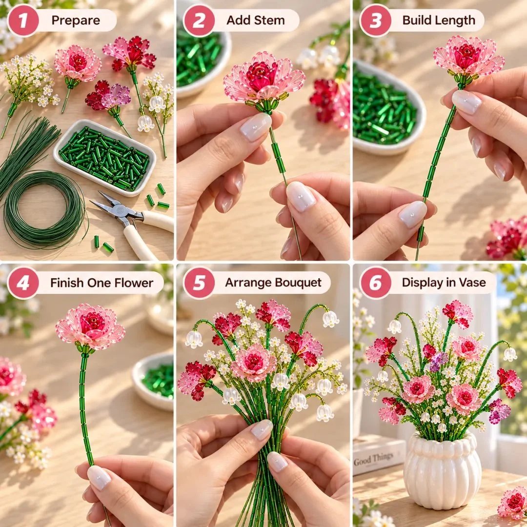 Six step pink beaded flower bouquet crafting process