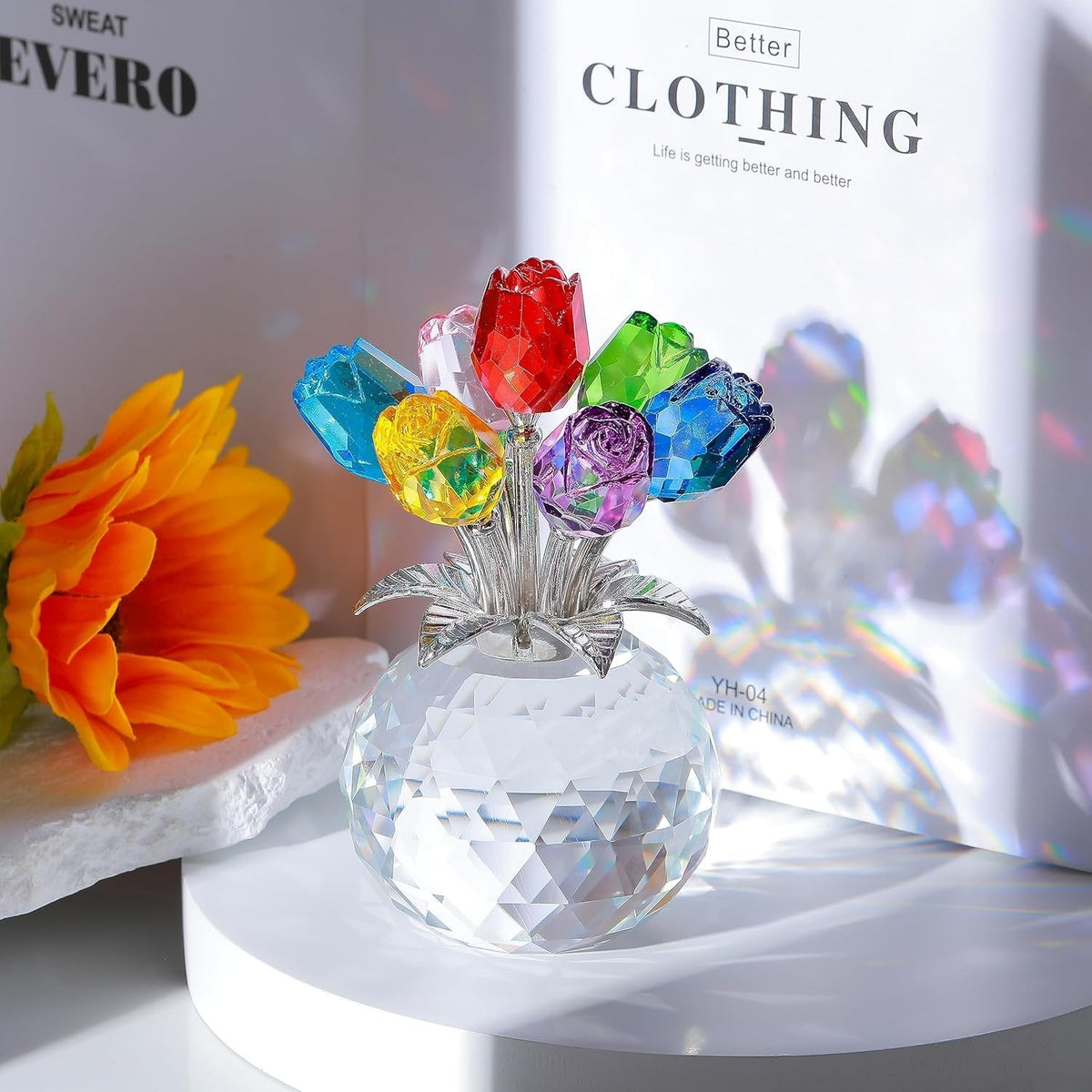 Colorful faceted rose bouquet crystal decoration reflecting sunlight