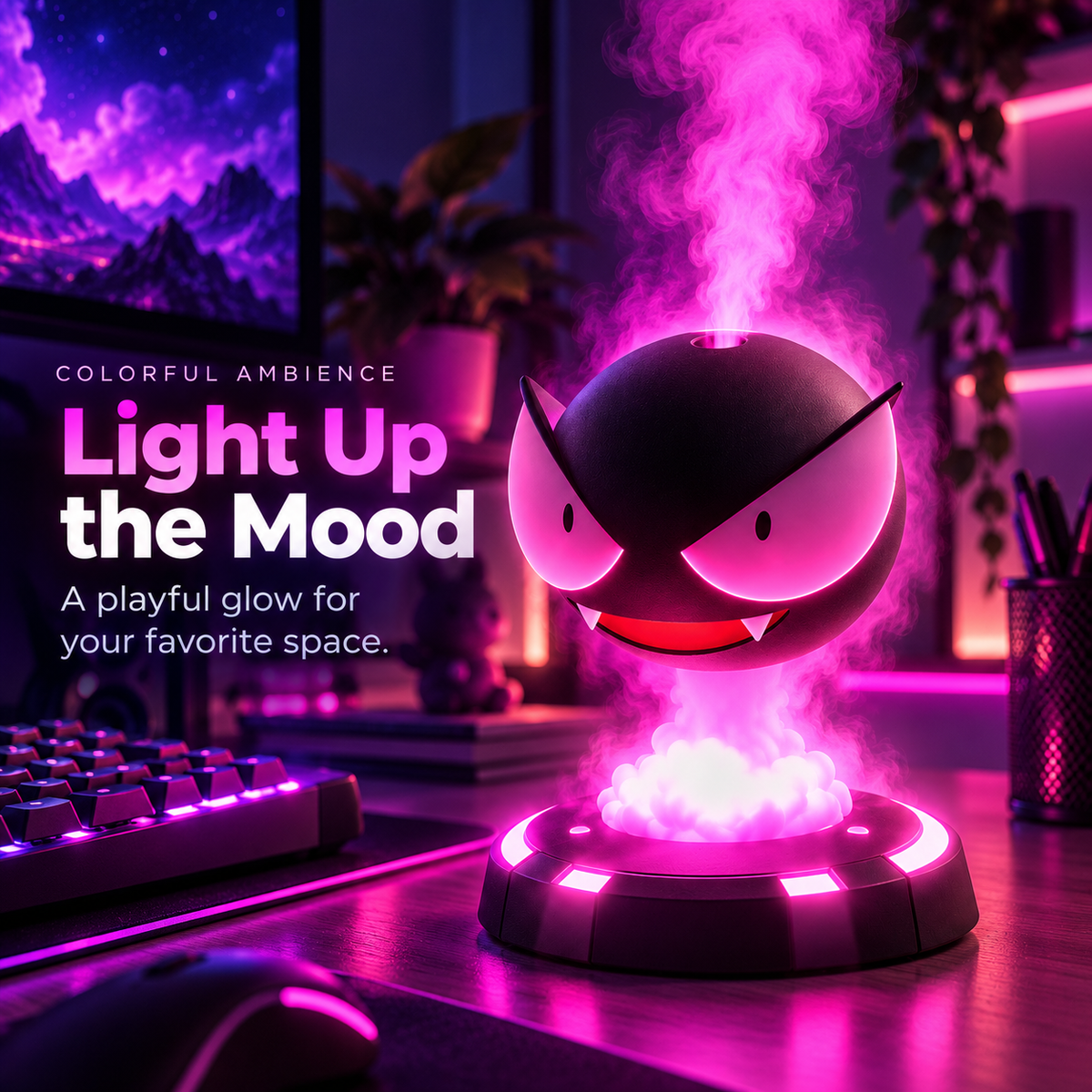 GlowMist diffuser creating colorful ambience on a gaming desk