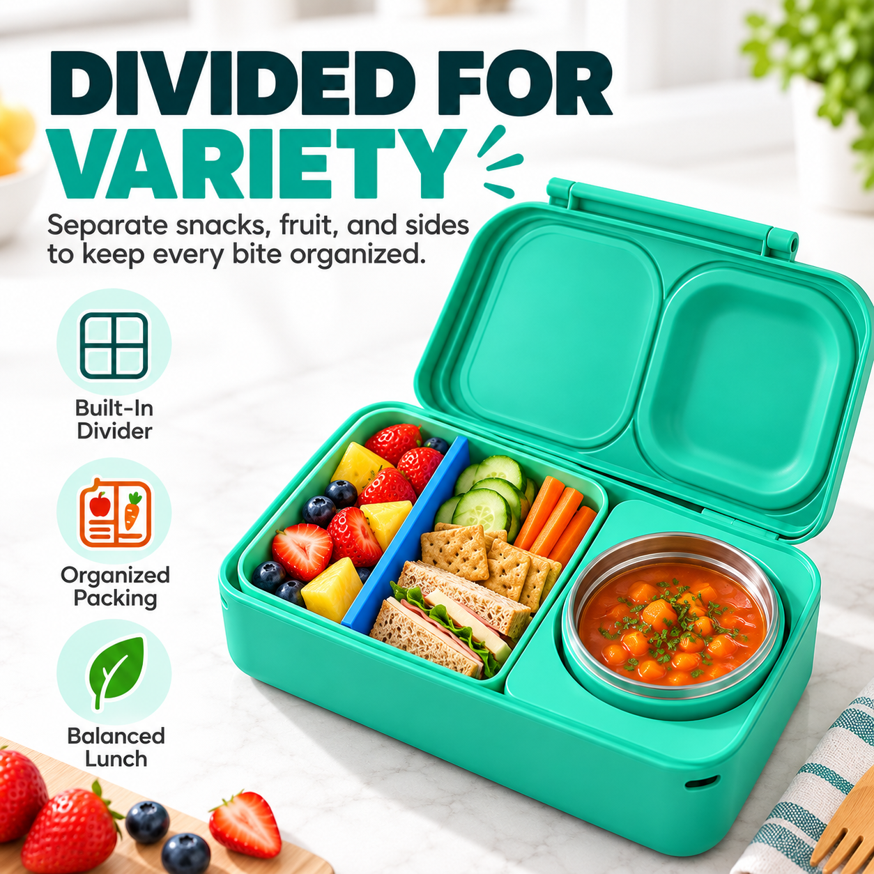 Divided bento compartments for a variety of foods