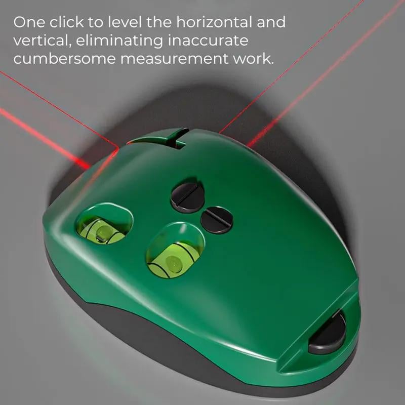 Compact green laser level projecting perpendicular red horizontal and vertical lines