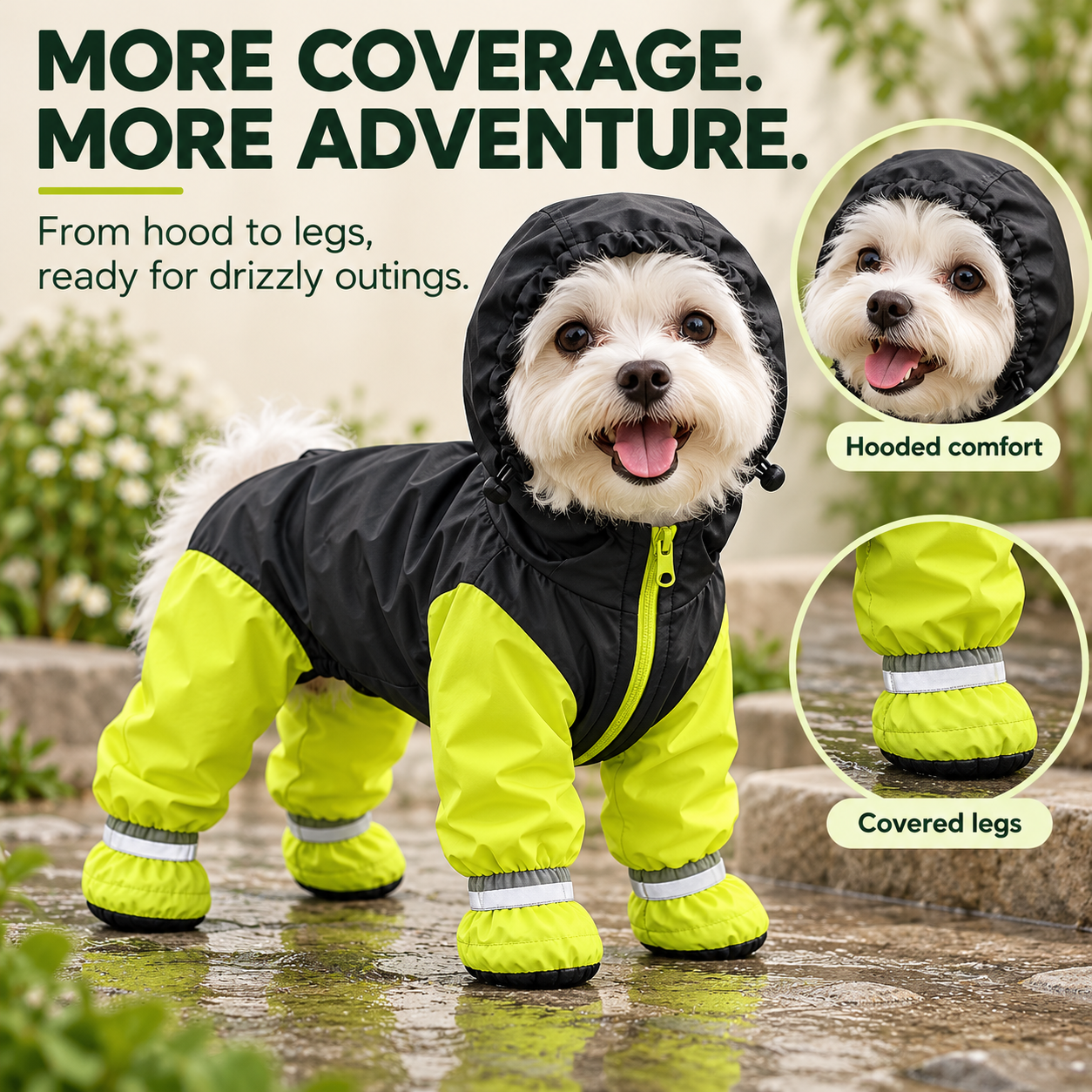 Small dog wearing a full-coverage hooded raincoat with covered legs