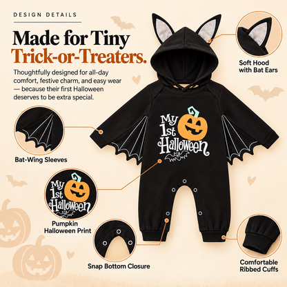 🦇 Little Boo™ My First Halloween Bat Romper – Adorable Hooded Baby Costume with Wings