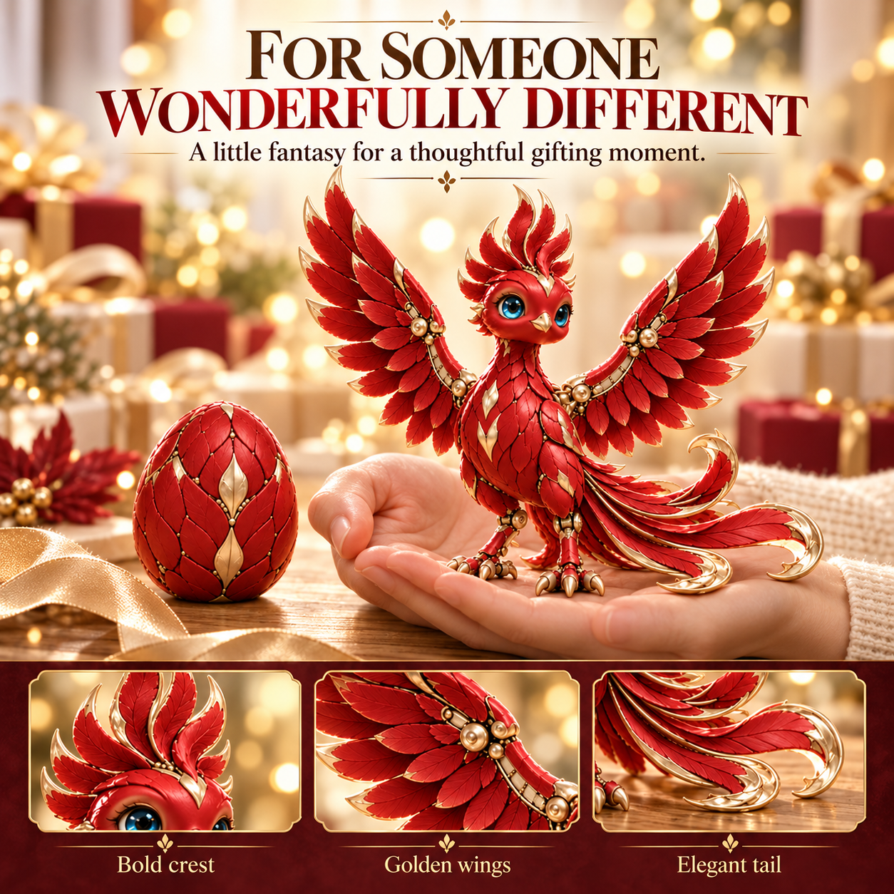 Phoenix figure shown on an open palm beside its egg form in a gift-themed setting