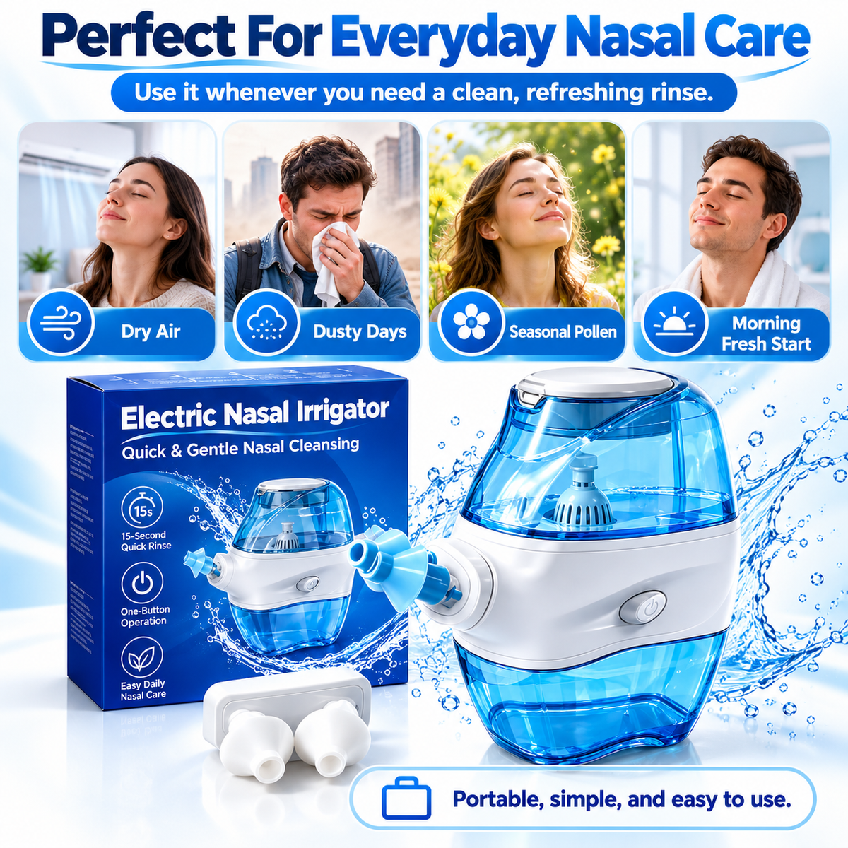 💧 NoseEase™ Electric Nasal Irrigator – Gentle Nasal Cleaning & Suction Care for the Whole Family