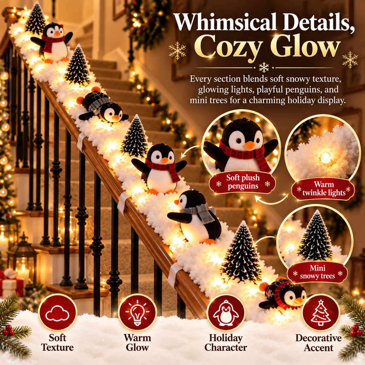 ❄️ SnowGlow™ Penguin Stair Garland – Light-Up Christmas Wonderland Decoration