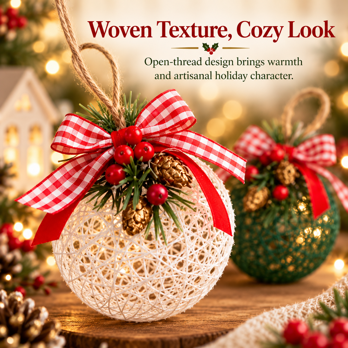 Close-up of ivory woven Christmas ornament showing its open-thread texture and decorative bow