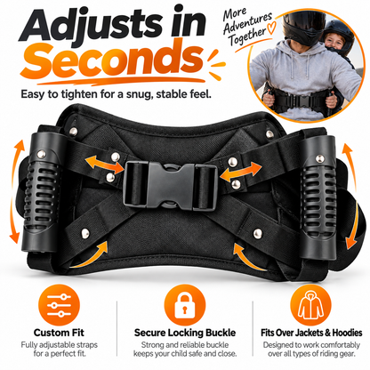 RideBuddy™ Child Passenger Grip Support – Adjustable Padded Motorcycle Rider Belt with Side Handles