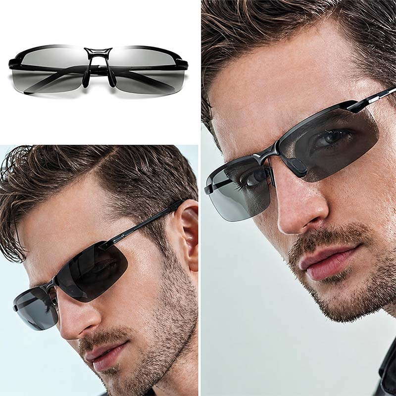 Photochromic polarized semi-rimless sunglasses shown from multiple angles
