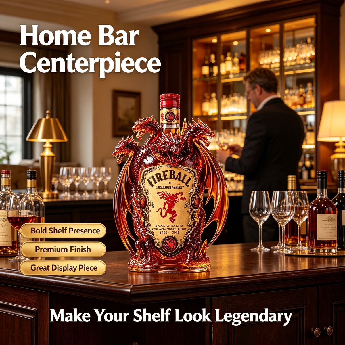 Dragon collector bottle displayed as a centerpiece on a premium home bar
