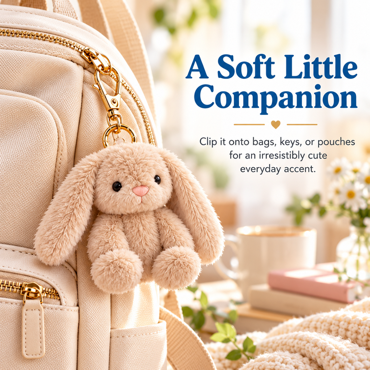 Bunny plush charm attached to backpack