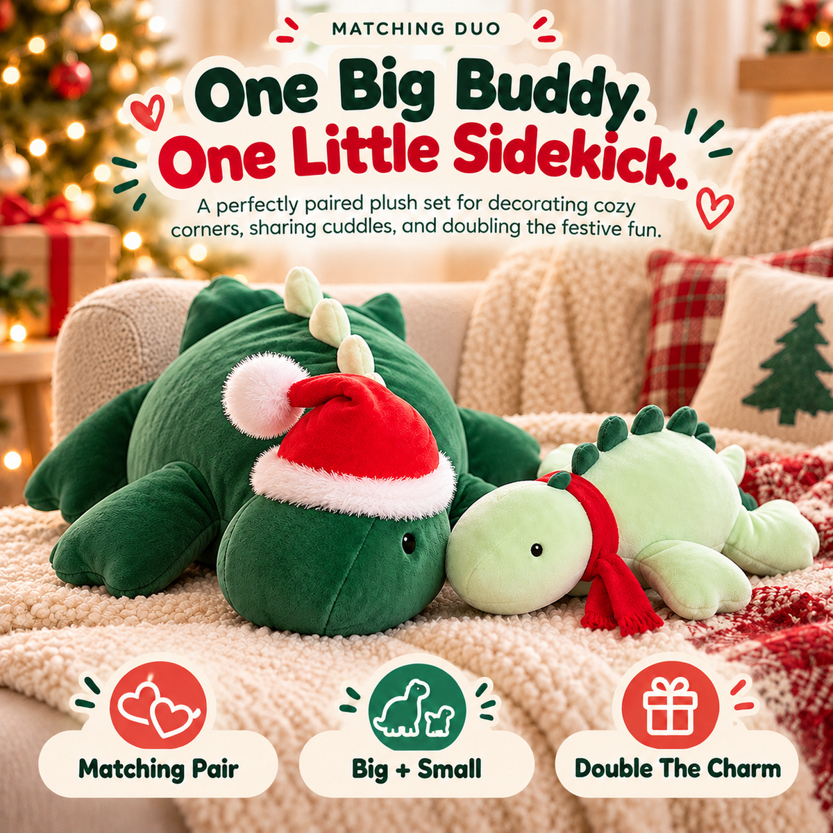 Large and small festive dinosaur plush toys resting together
