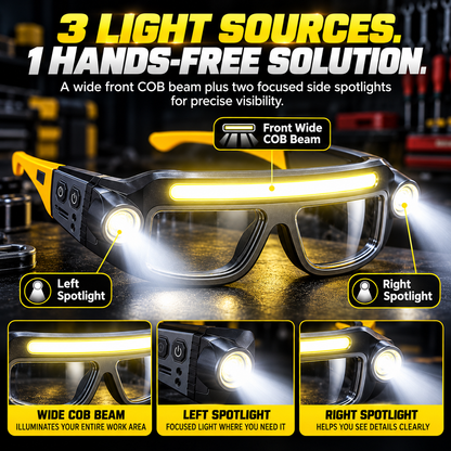 🔦 BrightSight™ Hands-Free LED Work Glasses – Wide Beam Lighting for Repairs, DIY & Night Work