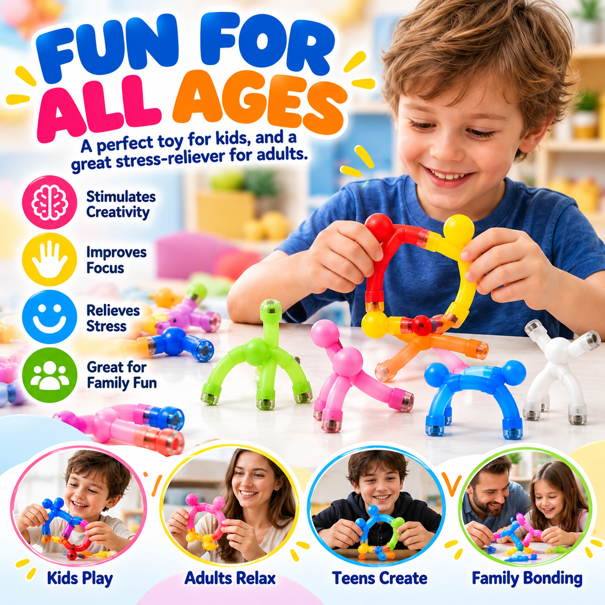 Child playing with colorful bendable magnetic figures with family play examples