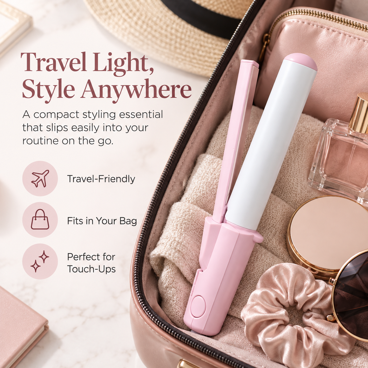 Compact mini hair straightener and curler packed in a travel beauty bag