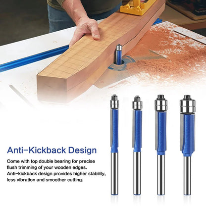 🪵 4-Piece Flush Trim Router Bits – Dual Bearings, 1/4' Shank