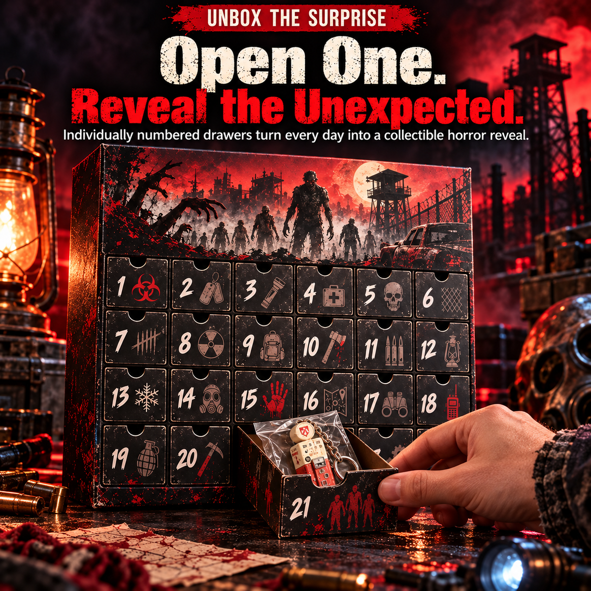 Hand pulling open a numbered drawer from 24 day horror mystery advent calendar