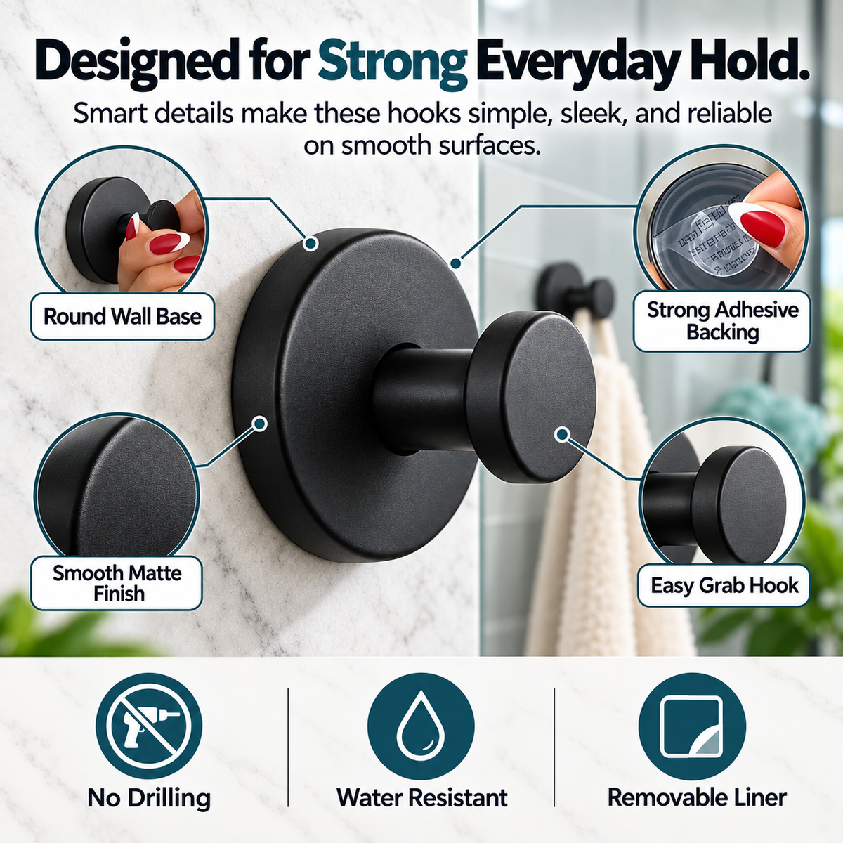 StickPro construction showing round wall base adhesive backing matte finish and front peg hook