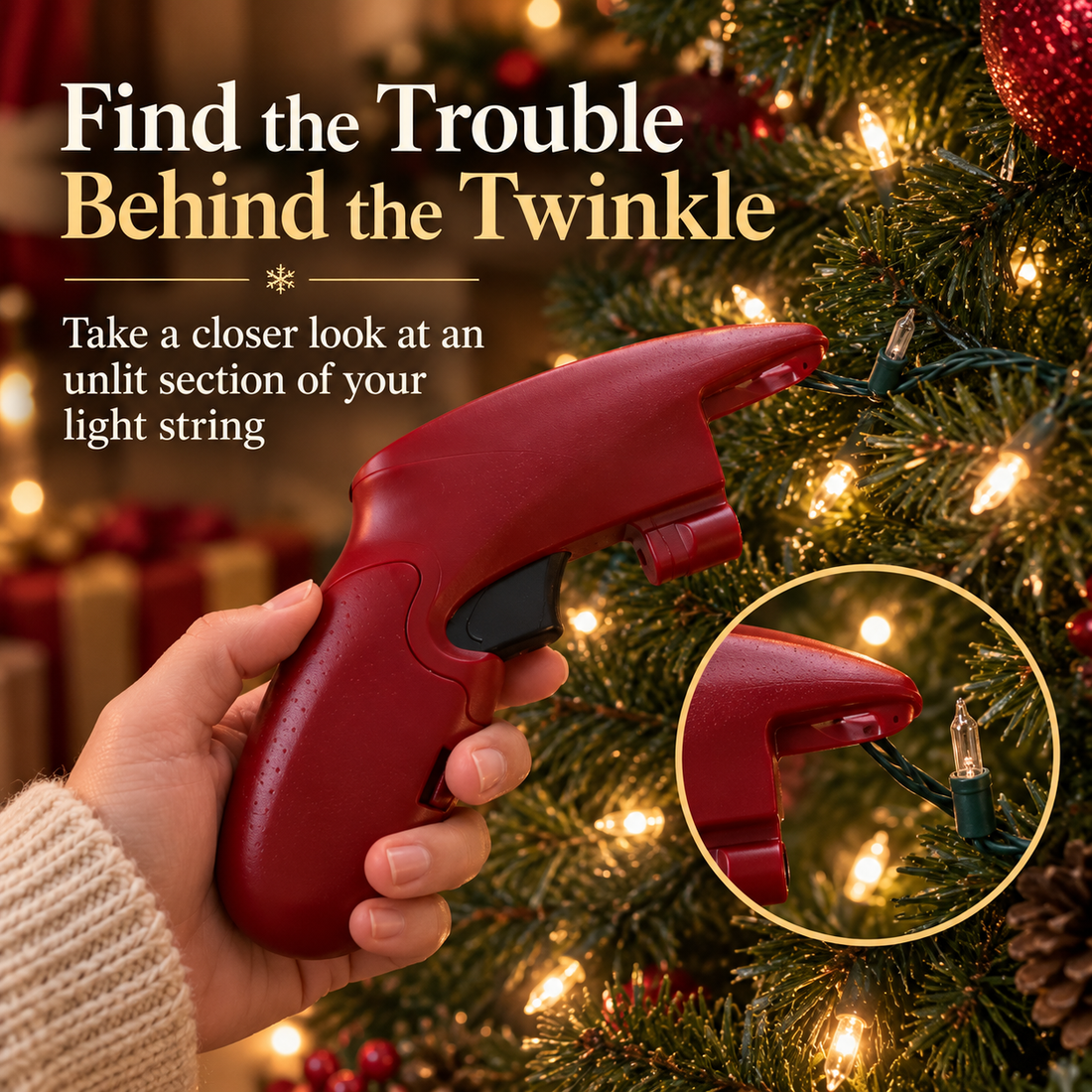 GlowFix tool shown alongside a Christmas light string during troubleshooting