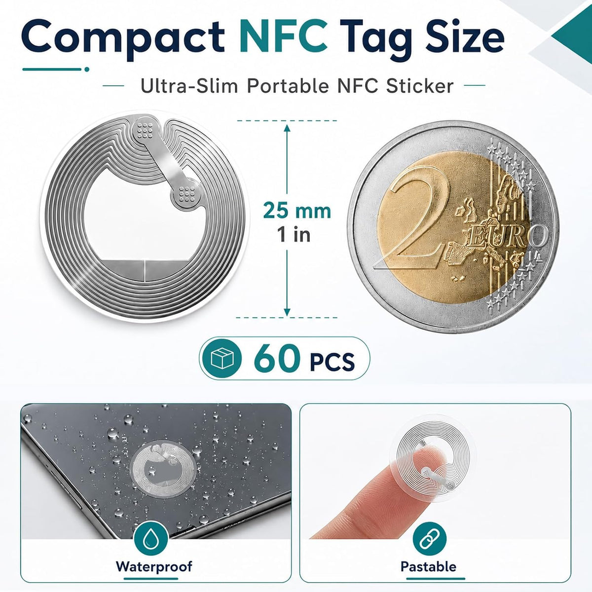 60pcs NFC Tag Sticker, Ntag213 NFC Programmable NFC tag 144 Byte label, compatible with all NFC enabled smartphones