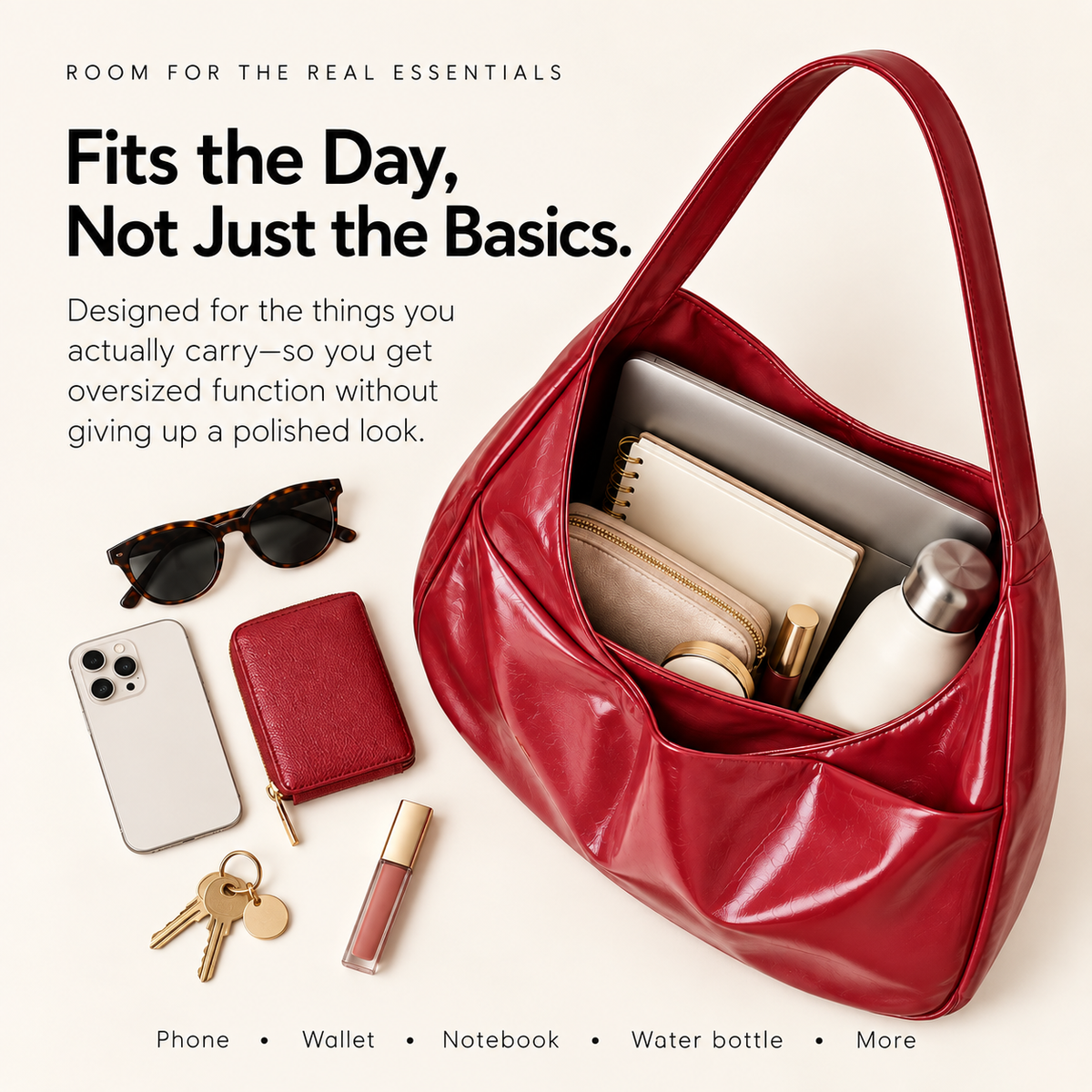 Oversized shoulder bag shown carrying phone wallet notebook water bottle and everyday essentials