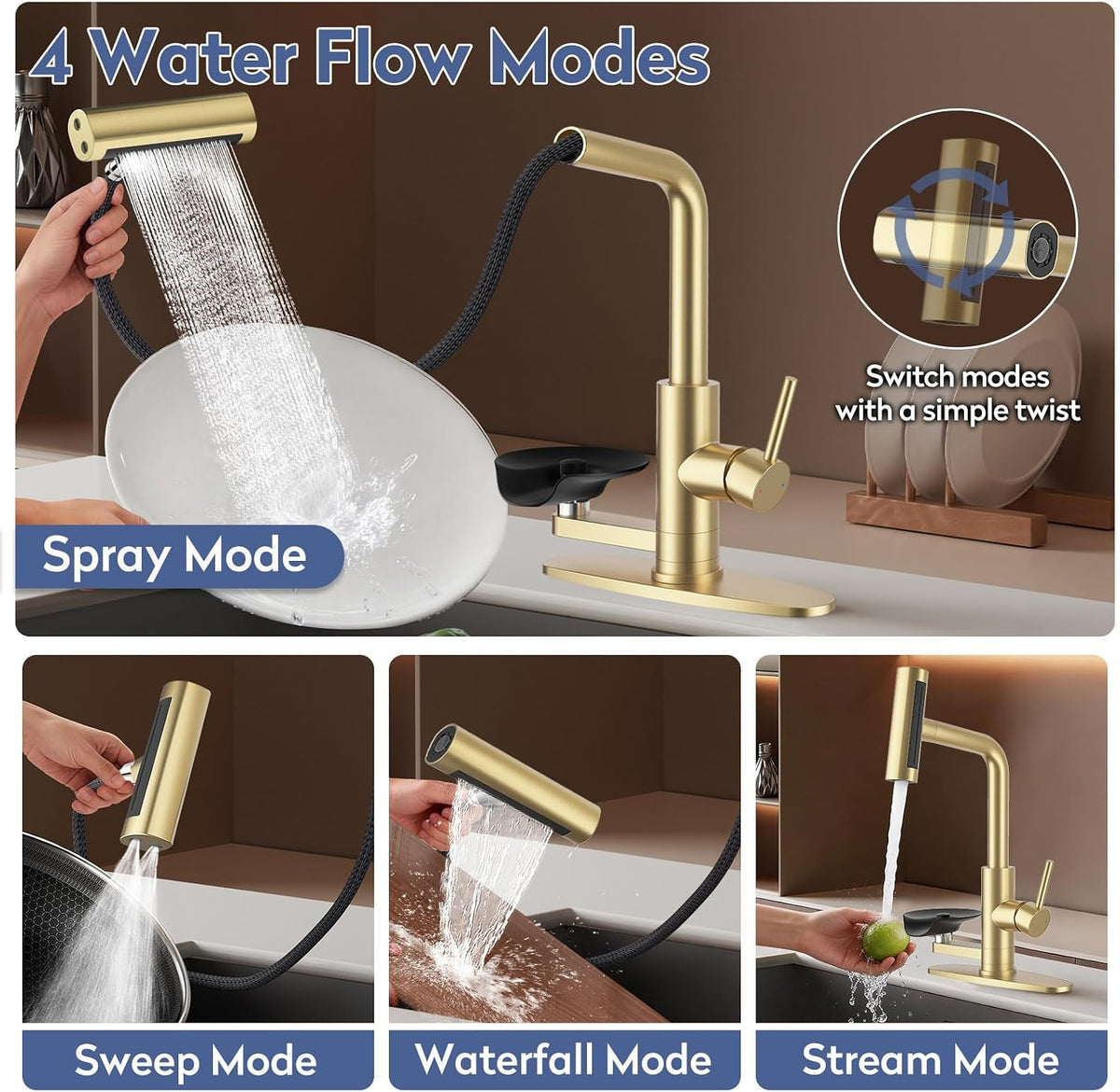 Pull Down Kitchen Faucet with Glass Rinser 4 Spray Modes Kitchen Faucets with Pull Out Sprayer & Cup Washer, High Pressure Single Handle Bar Sink Faucet