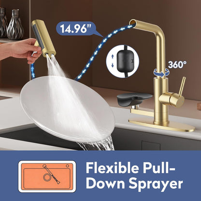 Pull Down Kitchen Faucet with Glass Rinser 4 Spray Modes Kitchen Faucets with Pull Out Sprayer & Cup Washer, High Pressure Single Handle Bar Sink Faucet
