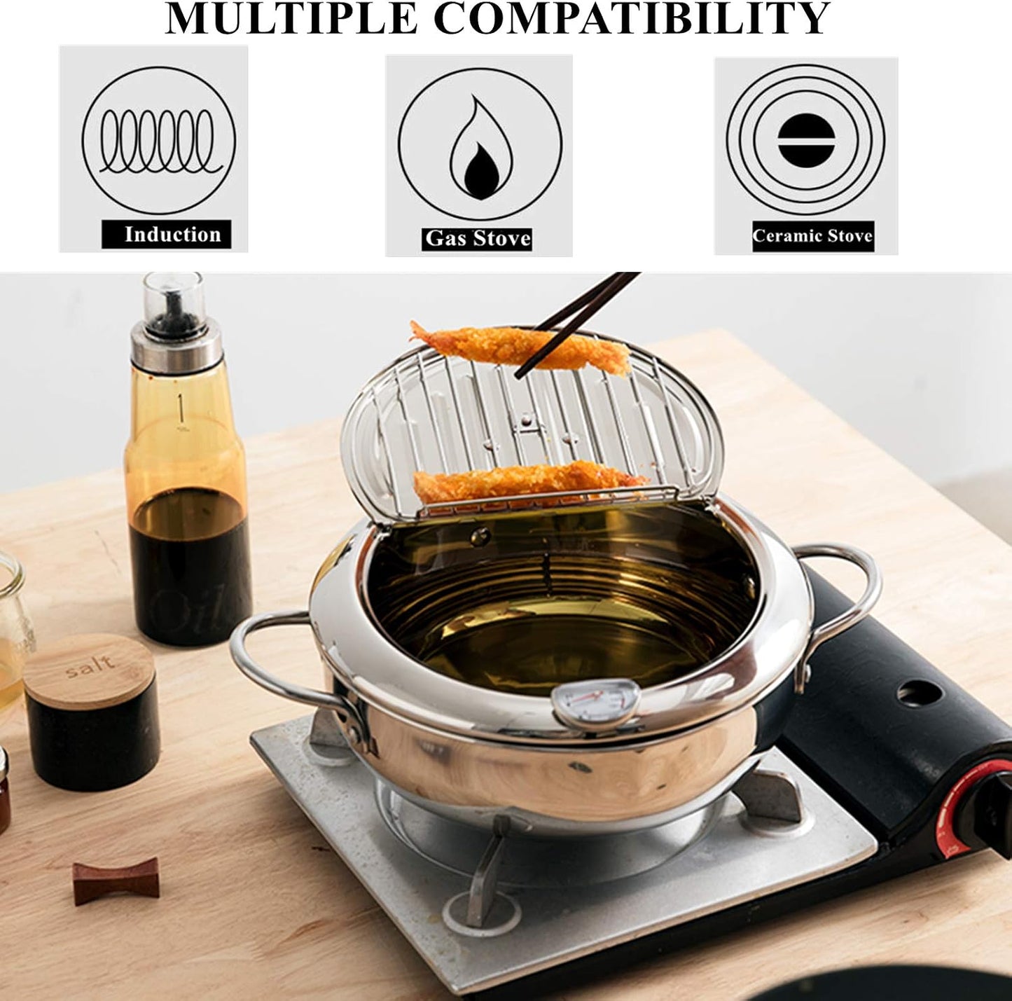 304 Stainless Steel Deep Fryer Pot, Frying Chicken Pot, Tempura deep Fryer with a Thermometer and a lid, Japanese Style Tempura Fryer Pan,2.2L