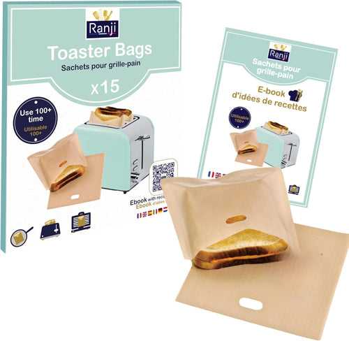 RANJI® 15x Reusable Toaster Bag - Sandwich Bags, English Muffins - Toaster, Oven, Panini Machine - Reusable 100 Times - Toaster Bag