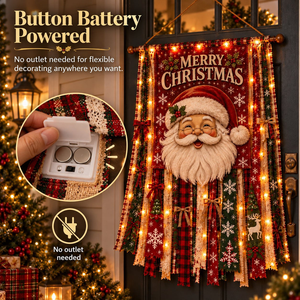 Battery-powered light-up Santa Christmas door banner