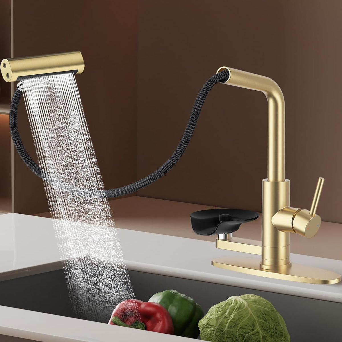 Pull Down Kitchen Faucet with Glass Rinser 4 Spray Modes Kitchen Faucets with Pull Out Sprayer & Cup Washer, High Pressure Single Handle Bar Sink Faucet