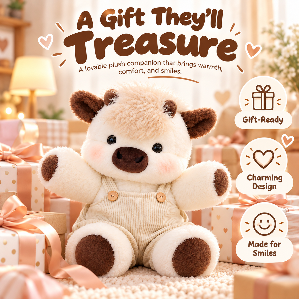 Cute cream and brown cow plush toy with arms outstretched, surrounded by wrapped gifts with pink satin ribbons in a warm gift-giving scene