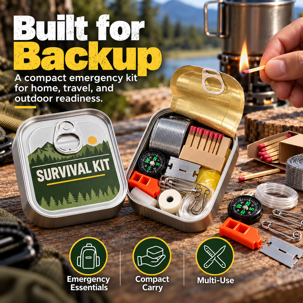 Pocket Survival Kit, Compact Emergency Essentials Tin with Multi-Tool Accessories, Mini Outdoor Preparedness Kit for Camping, Hiking, Travel, Backpacking & Everyday Carr