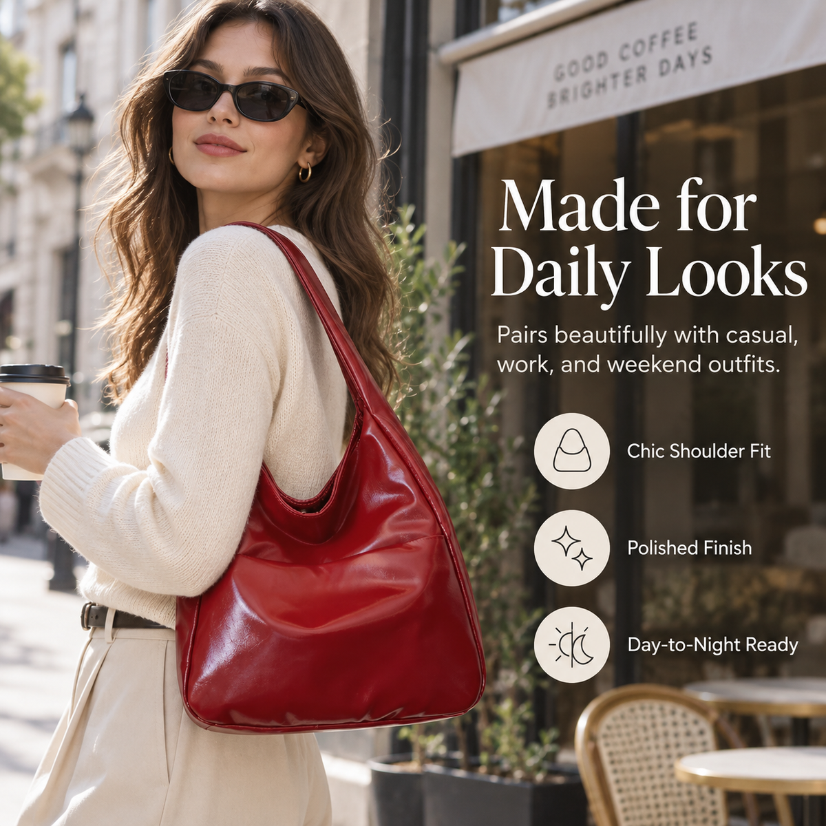 Woman carrying a red slouchy hobo shoulder bag with a casual outfit