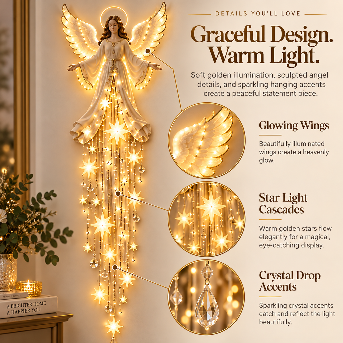 Christmas Angel Wall Light Decor, Warm LED Lighted Angel with Hanging Star Lights, Elegant Holiday Wall Decoration for Home, Living Room, Bedroom & Entryway
