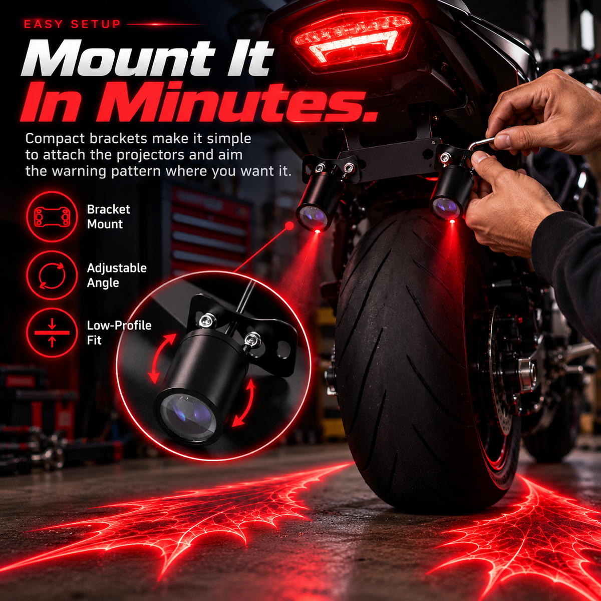 Adjustable motorcycle laser projector mounting brackets installed near the rear wheel
