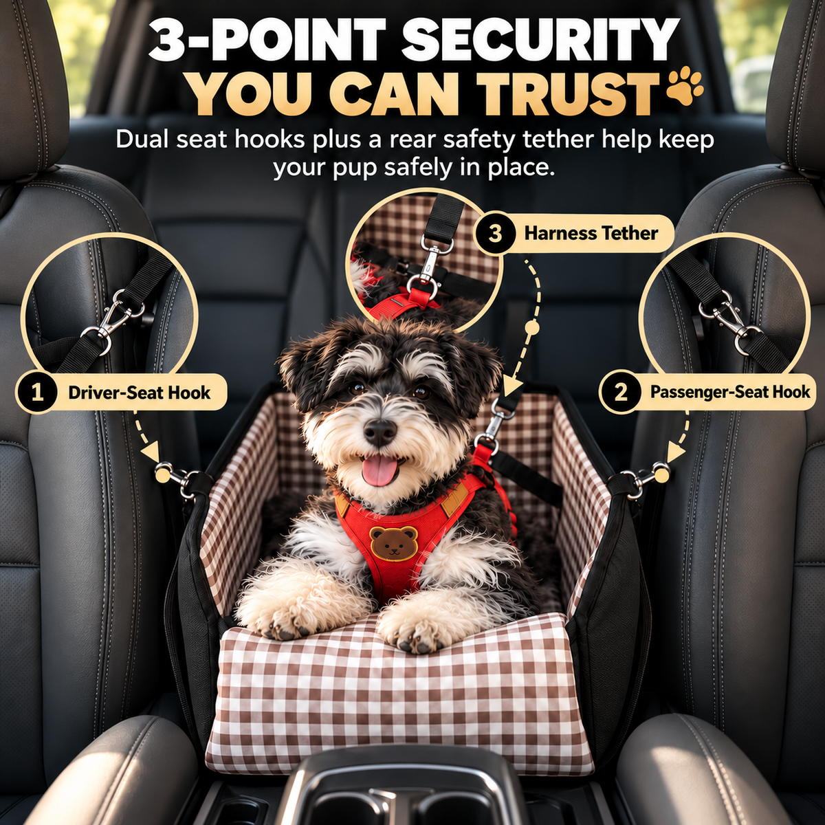 🐶 PawRide™ Center Console Dog Booster Seat – Cozy Elevated Car Seat for Small Dogs