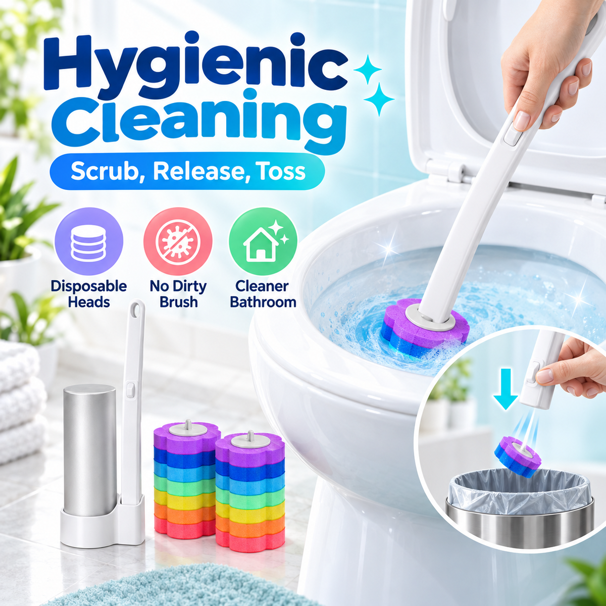 🧼 FreshFlow™ Hygienic Toilet Brush Kit – Touch-Free Deep Cleaning System with Replaceable Heads
